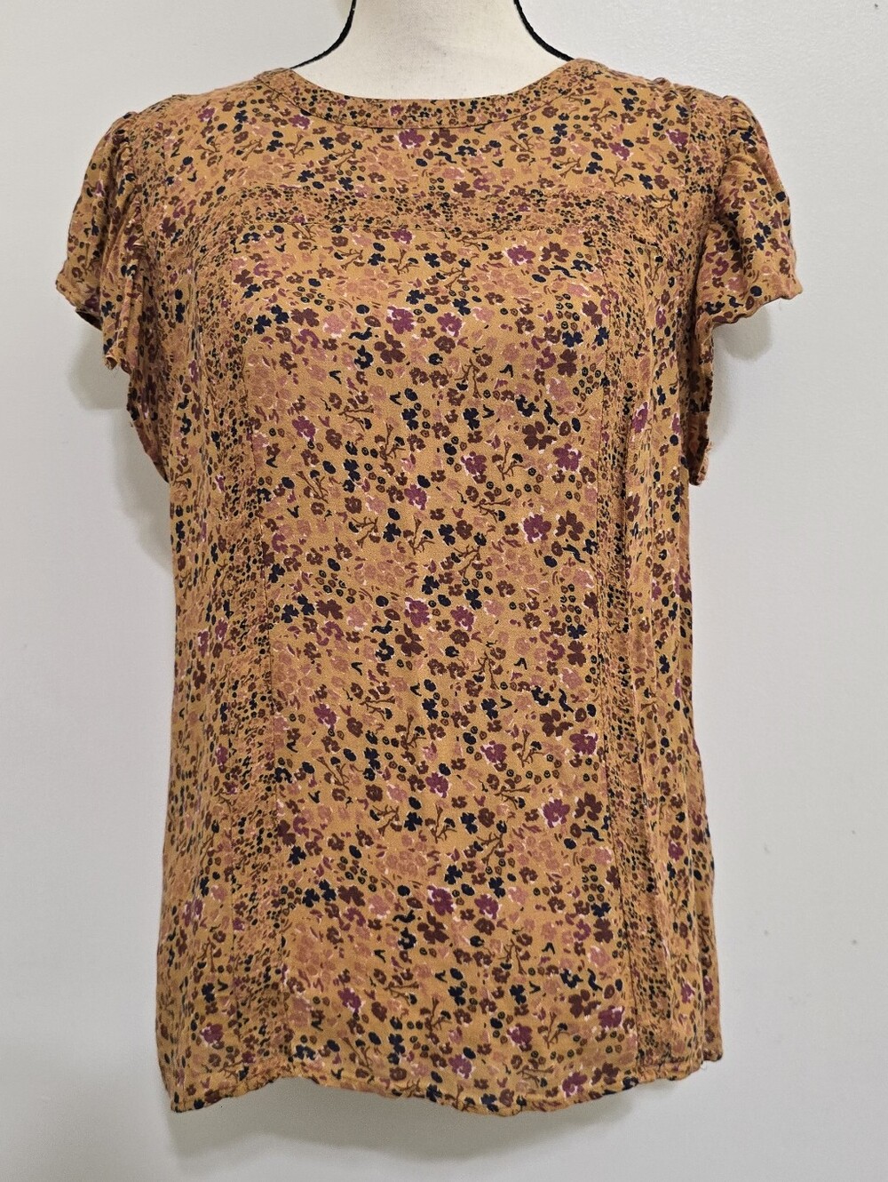 DR2 Daniel Rainn size Boho Floral Ruffle Sleeve Blouse Mustard Yellow